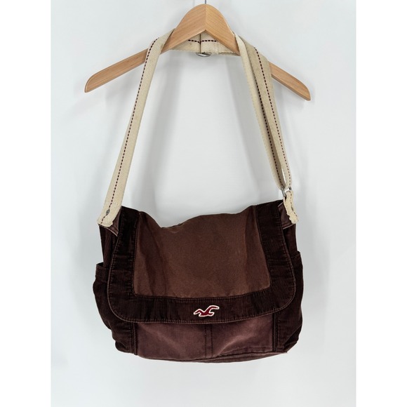 Hollister Handbags - Hollister Messenger Bag Women OS Brown Y2K Canvas Corduroy Trim Crossbody